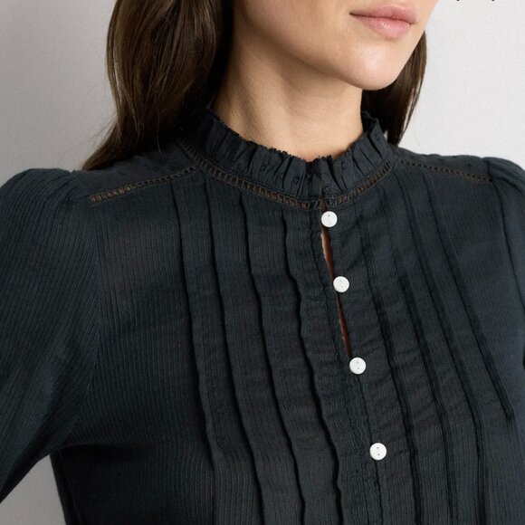 Quince Organic Textured Cotton Peasant Blouse in Black - Picture 3 of 8